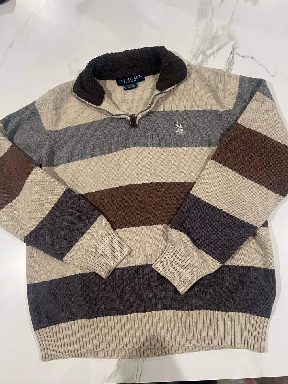 U.S. Polo Assn. Striped Zip-Neck Sweater in Beige, Gray & Brown